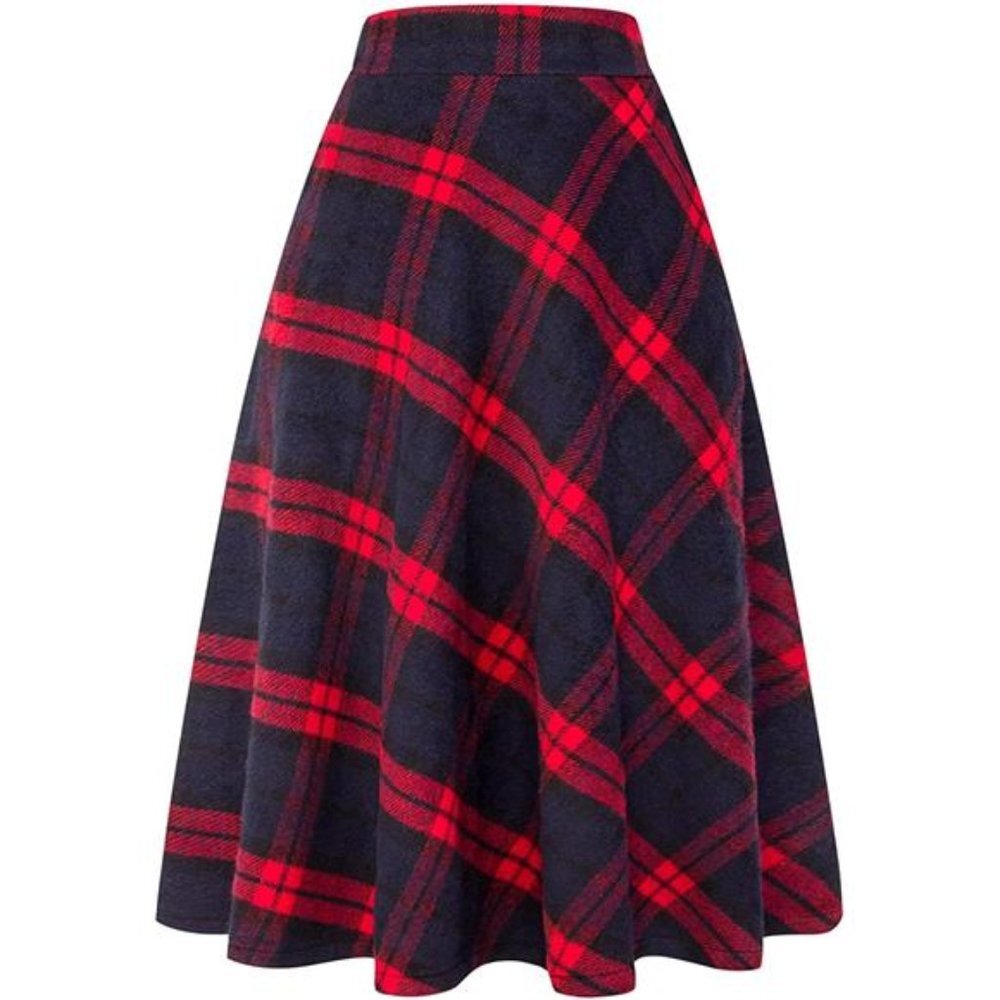 Womens High Elastic Waist Maxi Skirt A-line Plaid Winter Warm Flare Long Skirts